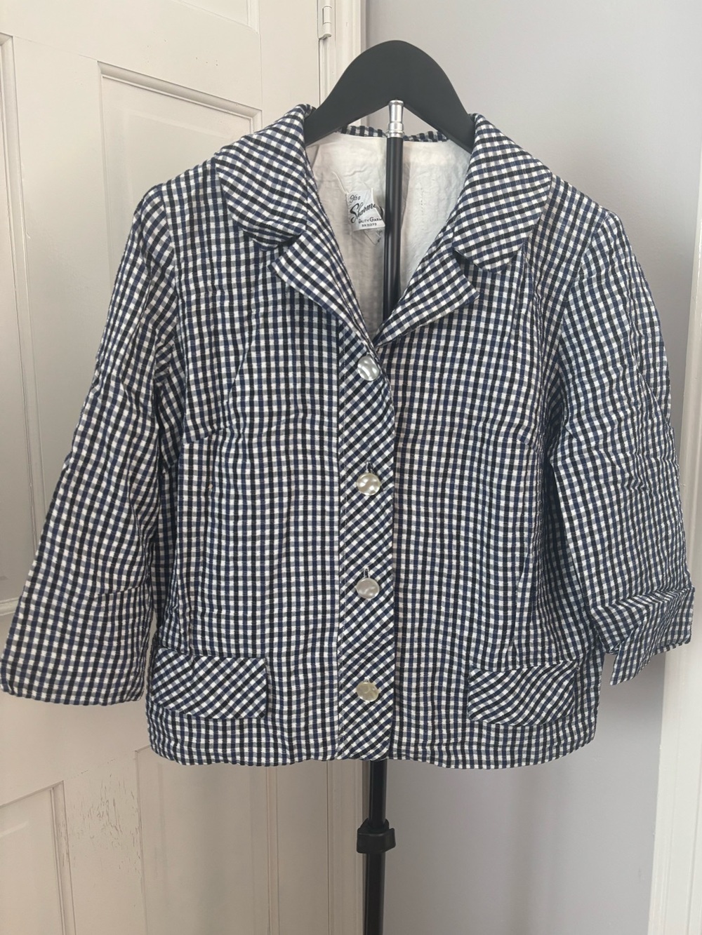 Women’s Vintage Classic Navy and White Gingham Button-Front Jacket Sports Coat